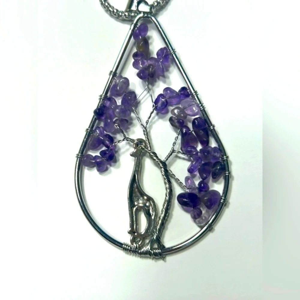 Wire Wrapped Amethyst Tree Of  Life w/Giraffe Pendant🦒📿🟣 - Picture 3 of 9